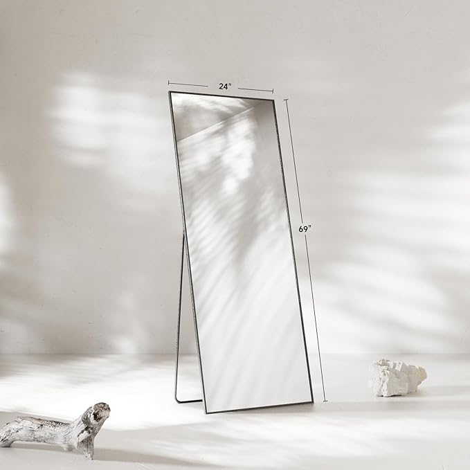 69"x24" Full Length Mirror,Black Tempered Glass Rectangle Floor Standing Mirrors, Wall Mounted Hanging Aluminum Alloy Frame Bedroom Floor