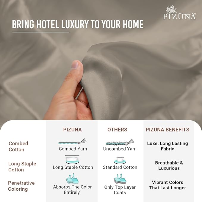 Pizuna 100% Cotton Twin 2 Pc Duvet Cover + 1 Pc Fitted Sheet Set 400 Thread Count Simply Taupe Sateen Weave Luxurious Long Staple Cotton 4 Piece Bedding Set-1 Duvet Cover, 1 Pillow Sham,1 Fitted Sheet