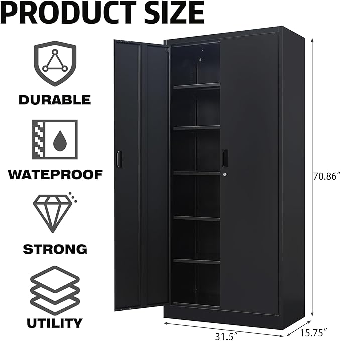 Metal Garage Storage Cabinets，71” Tall Metal File Cabinet with 5 Adjustable Shelves, Lockable Storage Cabinets for Office, Home, Garage, Warehouse 71" H x 31.5" W x 15.8" D (Black)