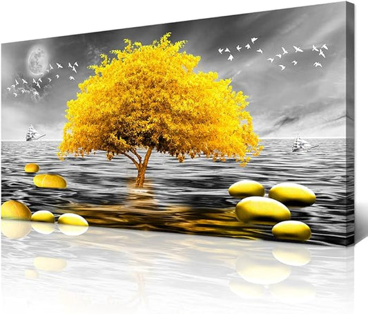 Wapluam Large Canvas Wall Art For Living Room, Office, Modern Bedroom Decor - Black And White View - Yellow Tree Pictures - 60X30 in
