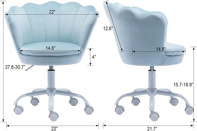 Velvet Kids Desk Chair Cute Computer Chair Modern Upholstered Swivel Arm Chair Adjustable Rolling Vanity Chair for Bedroom Living Room Girls (Blue)