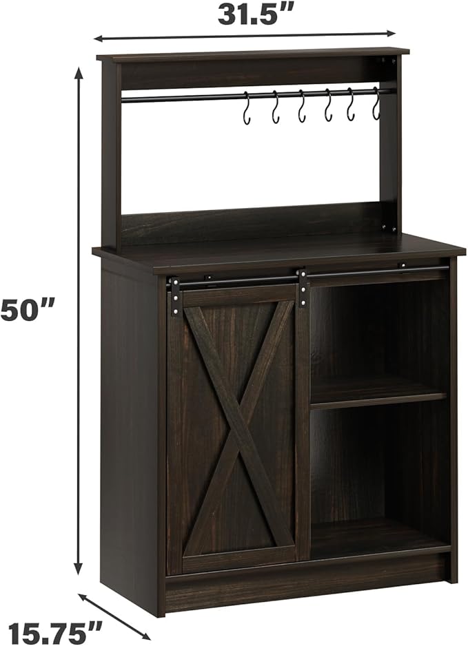 4ever2buy Farmhouse Coffee Bar Cabinet with Sliding Barn Door, 50'' Farmhouse Buffet Cabinet with 6 Hooks, Coffee Bar with Hutch for Living Dining Room, Dark Oak