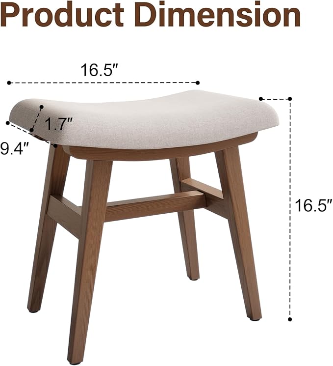 Solid Wood Small Vanity Stool, Compact Makeup Chair with Saddle Cushion, Linen-Covered High Rebound Sponge Seat, Easy Assembly Footstool, Modern Ottoman for Bedroom, Entryway, Home, Walnut