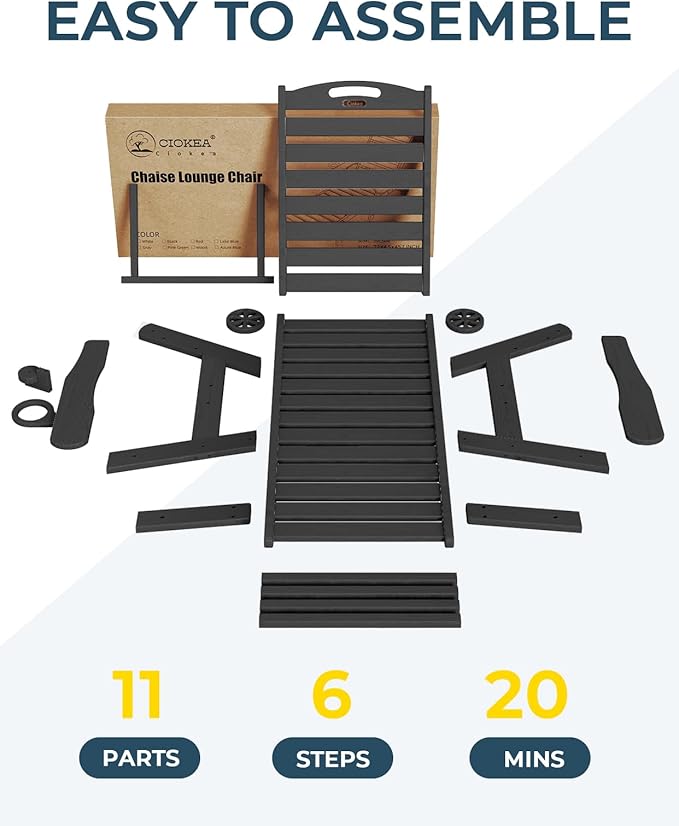 Lounge Chair Outdoor, Oversized Chaise Lounge Chair with 5 Positions, HDPE, Patio Lounge Chair with Wheels & Cup Holder for Pool, Deck, Poolside, Black