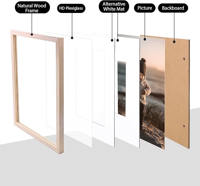 KINLINK 8x10 Picture Frame Natural, Solid Wood Frames with Acrylic Plexiglass for Pictures 4x6/5x7 with Mat or 8x10 without Mat, Tabletop and Wall Display Photo Frame, Set of 4