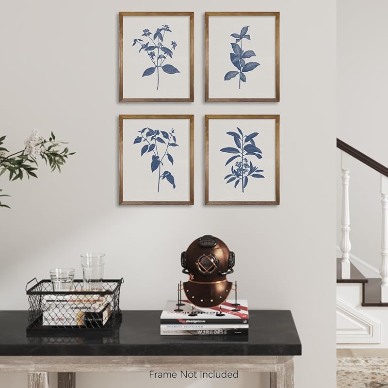 French Country Minimalist Plant Wall Decor - Blue Botanical Sketch Drawing Etching Wall Art - Farmhouse Leaf Poster Kitchen - Beige Neutral Vintage Flower Print Picture - Antique Minimal Blue Floral