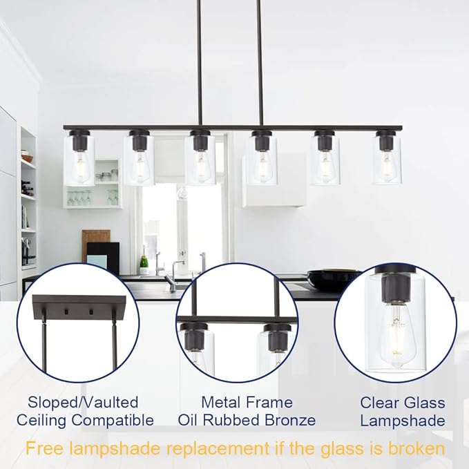 6-Light Kitchen Island Lighting Fixtures, Clear Glass Farmhouse Pendant Lights Hanging Chandelier in Oil Rubbed Bronze for Dining Room Table Cafe Bar
