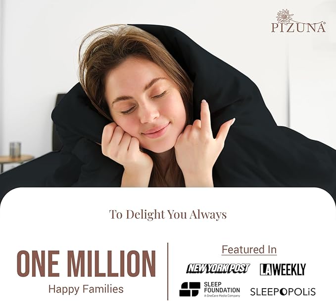 Pizuna 100% Cotton Queen 3 Pc Duvet Cover + 1 Pc Fitted Sheet Set 400 Thread Count Black Sateen Weave Luxurious Long Staple Cotton 4 Piece Bedding Set - 1 Duvet Cover, 2 Pillow Shams, 1 Fitted Sheet