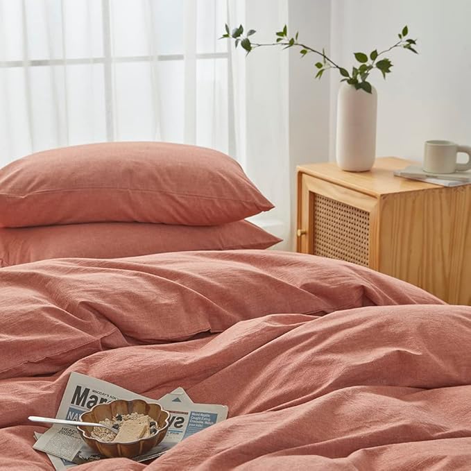 FACE TWO FACE Bedding Duvet Cover Set 3 Pieces 100% Washed Cotton Duvet Cover Linen Like Textured Breathable Durable Soft Comfy (Queen, Caramel)