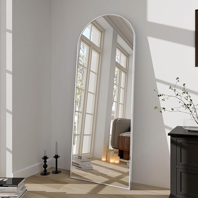 BEAUTYPEAK 64"x21" Arch Full Body Floor Mirror, Full Length Mirror Hanging or Leaning Arched-Top, Wall Mirrors with Stand for Bedroom, Dressing Room, Silver