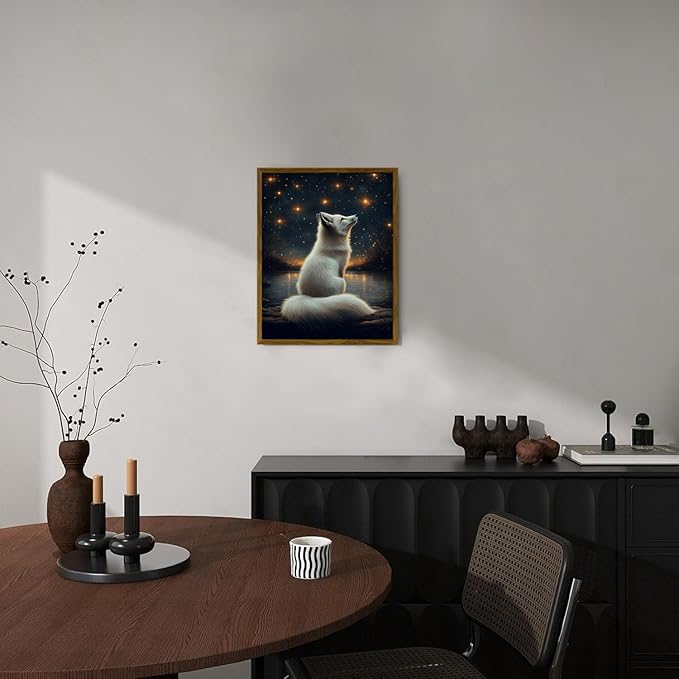 Djmwtb Framed Vintage Wall Art, White Fox Wall Decor,Starry Night Landscape Paintings for Bedroom, Woodland Animal Canvas Pictures Artwork Prints for Living Room 16x24in