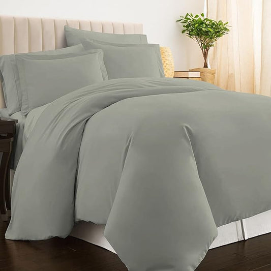 Pizuna Pure 100% Cotton Queen Duvet Cover Set, Luxurious 400 Thread Count Long Staple Cotton Sateen Weave with Button Closure (Combed Silver Cotton Duvet Cover Queen)