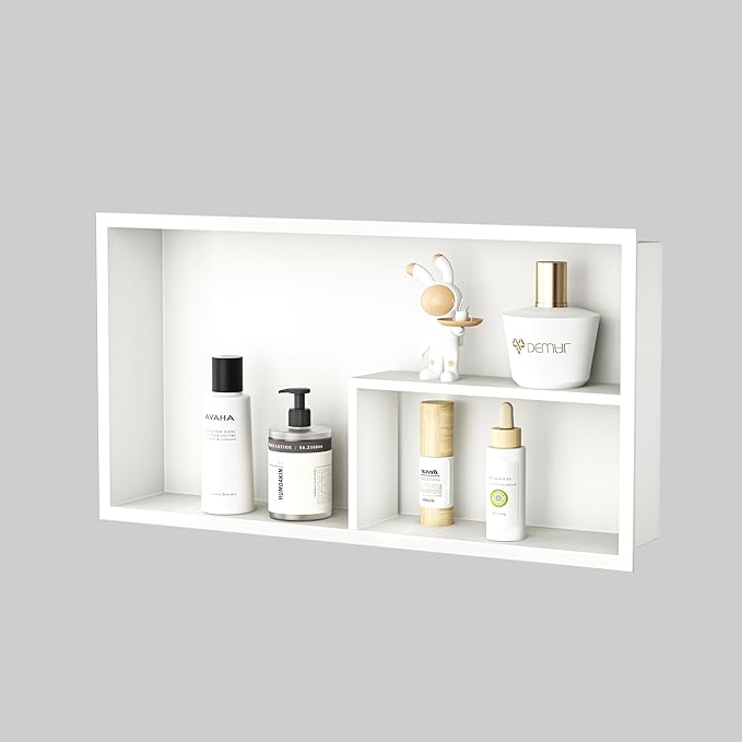 Stainless Steel Shower Niche 12"×24" White with Shelf No Tiled Needed Horizontal Niche Shower for Bathroom Wall Recessed Shower Shelf