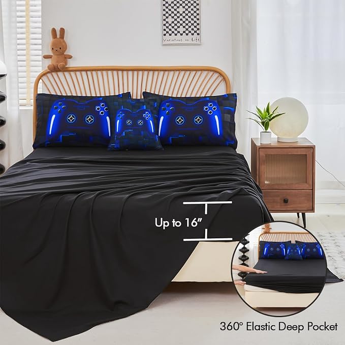 PERFEMET 6 Pieces Gamer Comforter Sets Kids Queen Size Blue Gamer Comforter Bed in A Bag for Boys Teen 3D Cool Video Gaming Black Bedding Set(Blue, Queen)