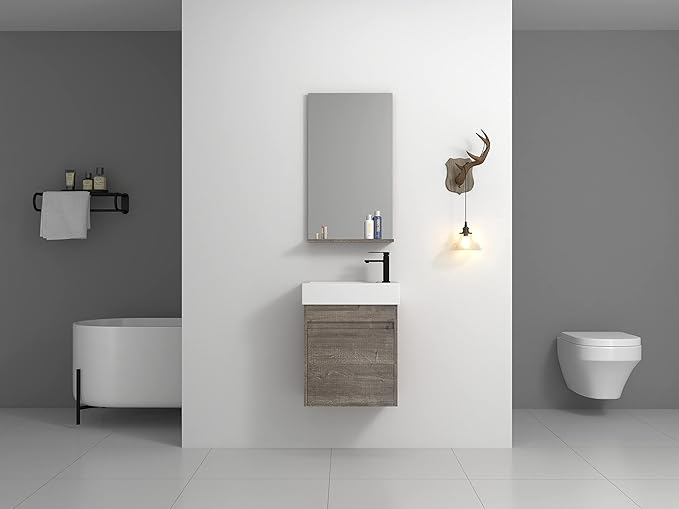 Goujxcy 18" Wall Mounted Bathroom Vanity with Sink, Modern Floating Bathroom Cabinet with White Resin Wash Basin & Storage Cabinet, Soft-Close Door Wood Hanging Bath Room Cabinet