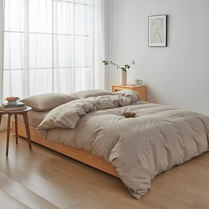 FACE TWO FACE Bedding Duvet Cover Set100% Washed Cotton Duvet Cover Linen Like Textured Breathable Durable Soft Comfy (Queen, Khaki)