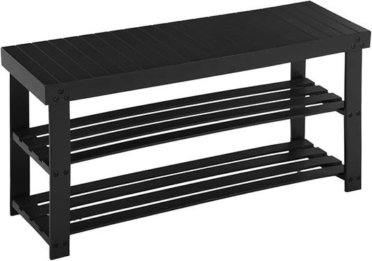 Apicizon Bamboo Shoe Rack for Entryway, 3-Tier Shoe Rack Bench for Front Indoor Entrance, Small Shoe Organizer with Storage, 35.4 Inches, Black