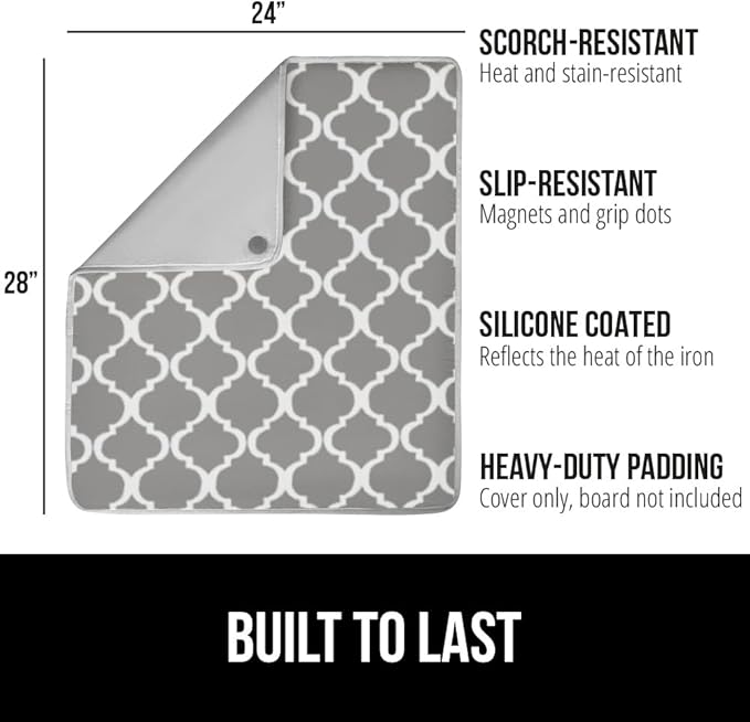 GORILLA GRIP Ironing Mat, Portable Iron Pad, Magnetic Cover and Padding for Top of Washer, Dryer, Tabletop, Countertop, Silicone Coating and Scorch Resistant, Travel Size 28x24, Quatrefoil Gray White