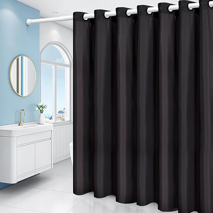 Extra Wide No Hook Black Shower Curtain 108x72 Inch,Polyester Fabric Waterproof Shower Curtain Liner with 14 Plastic Split Grommets,Washable Shower Curtains for Bathroom Hotel Spa Luxury