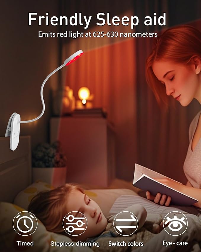 Diomart Reading Lights for Books in Bed, LED Desk Lamp with Clamp, Clip on LED Night Light with Timer & Dimmable, Rechargeable Eye Care Red Night Light for Desk, Studying, Kids, Headboard