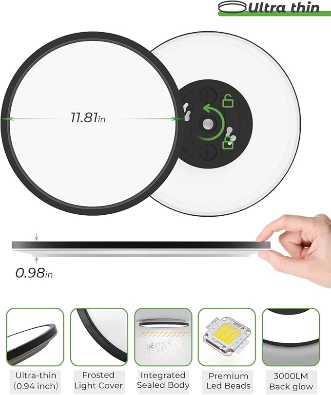 zemty Black LED Flush Mount Ceiling Light - 12 Inch 28W 3200lm LED Light Fixture, 3000k/4500k/6000K Selectable Round Flat Light Fixtures for Bedroom, Kitchen, Hallway