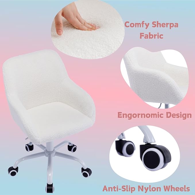 LukeAlon Kids Adjustable Desk Chair, Sherpa Study Chair with Swivel Base Upholstered Cute Reading Chair Comfy with Arms for Girls Children, White