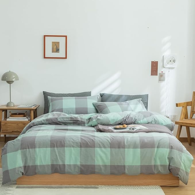 FACE TWO FACE Bedding Duvet Cover Set100% Washed Cotton Duvet Cover Linen Like Textured Breathable Durable Soft Comfy (Full, Light Green Grid)