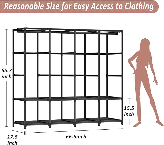 Wardrobe Closet, Quick and Easy Assembly, Black Large Capacity Portable Closet with 4 Hanging Rods 8 Storage Shelves and 8 Side Pockets, Clothes Rack with Cover, for Bedroom and Living Room