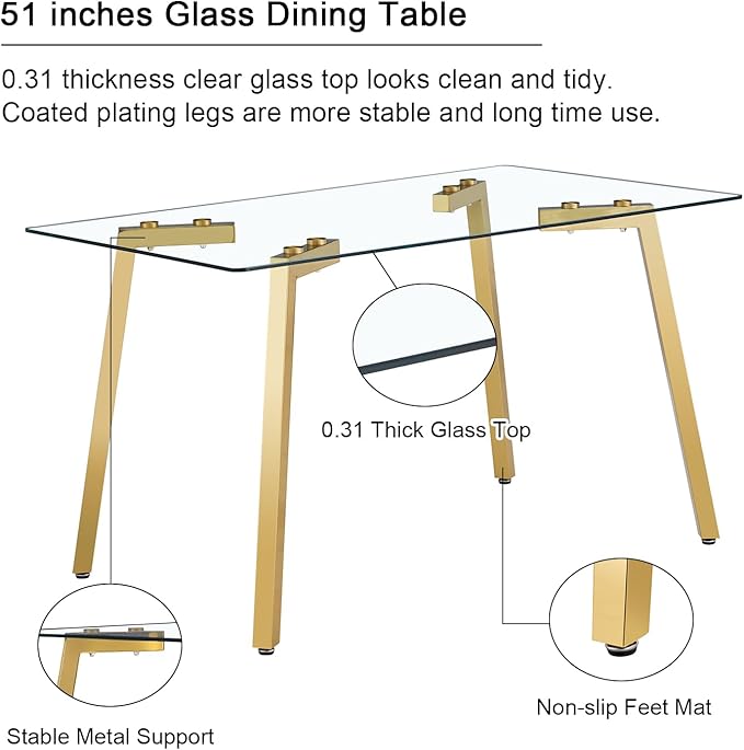 Dining Table Set of 4,51" Rectangle Tempered Glass Table Top with Golden Metal Legs,Kitchen Room Table with 4 White Faux Leather Dining Chairs,Dinner Table for Dining Room Office