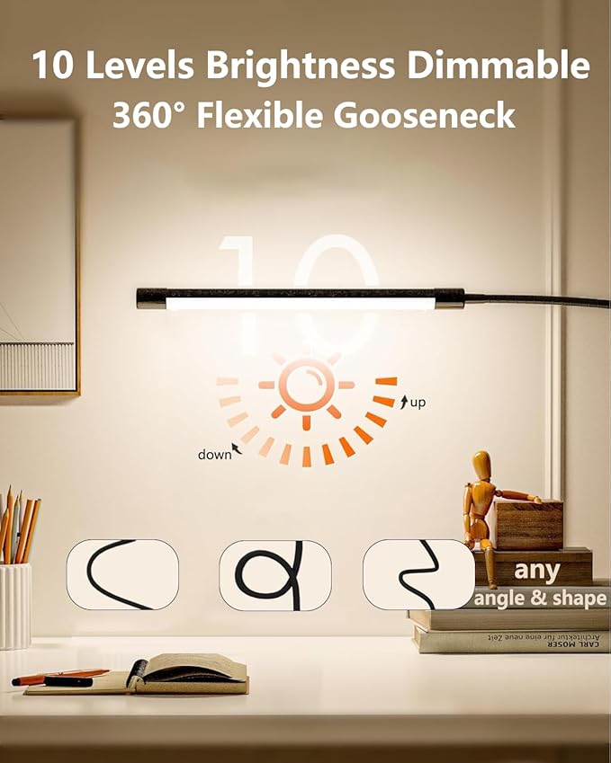 JHD LED Desk Lamp with Clamp - Adjustable 3 Color Modes 10 Brightness Level Table Lamp, USB Eye Caring Flexible Gooseneck Desk Light for Home Office, Dorm Room, Reading, Nail, Clip On Light, Black
