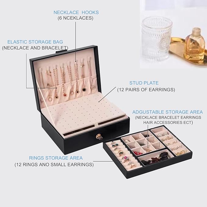 Jewelry Box Organizer for Women, Earring Organizer Box with PU Leather for Birthday Christmas and Theme Party Gifts-Black