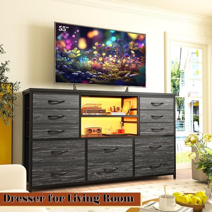 EnHomee Black Dresser with LED Lights & Power Outlets, 12 Drawers Dresser TV Stand for 60''TV Stand for Bedroom Fabric Dressers & Chest of Drawers, Sturdy Metal Frame, for Closet, Living Room,Hallway