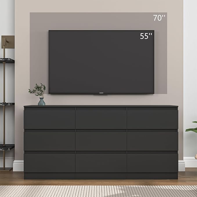 Black Dresser for Bedroom, Modern Long 9 Drawer Dresser with Deep Drawer, Wide Wood Storage Chest of Drawer for Living Room