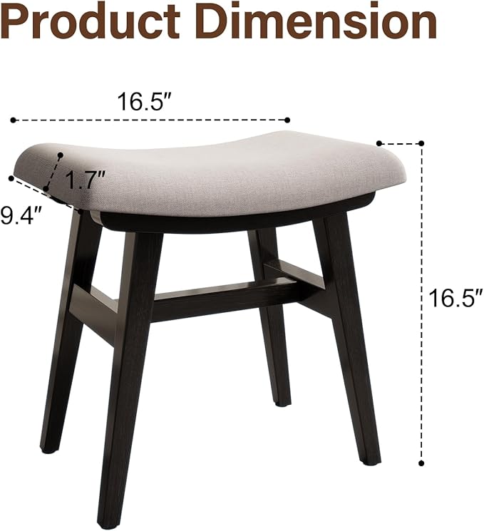 Solid Wood Small Vanity Stool, Compact Makeup Chair with Saddle Cushion, Linen-Covered High Rebound Sponge Seat, Easy Assembly Footstool, Modern Ottoman for Bedroom, Entryway, Home, Black