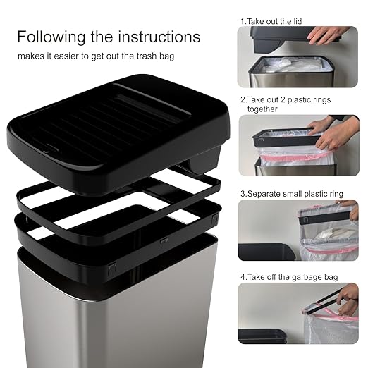 ELLO&ALLO 13 Gallon Kitchen Trash Can with Roll Up Lid, Automatic Touchless Motion Sensor Rectangular Trash Can, Brushed Stainless Steel Finish