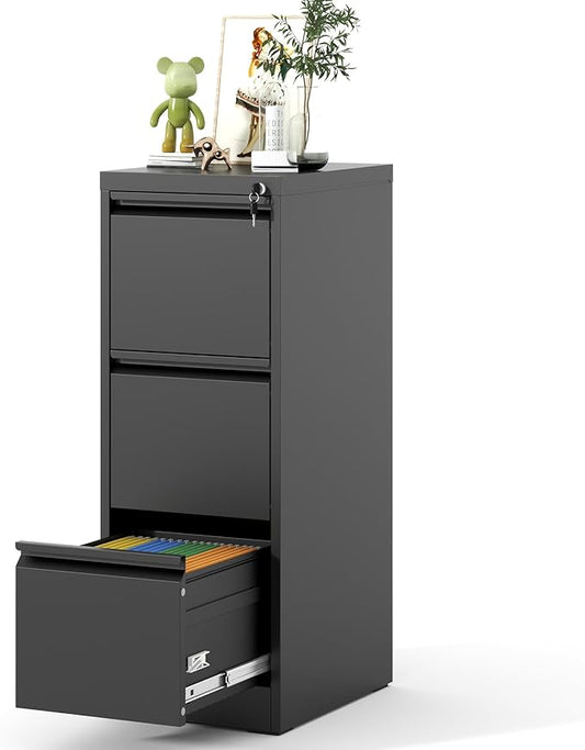 File Cabinet, Vertical File Cabinets with Lock for Home Office,Heavy Duty Office Steel Filing Cabinet for Hanging Letters/Legal/A4, Assembly Required (Black, 3 Drawers)