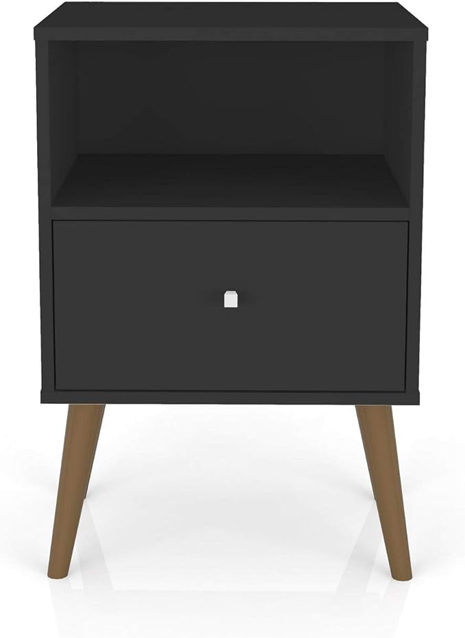 Manhattan Comfort Liberty Mid Century Modern Nightstand with Drawer and Cubby, Bedside Table for Bedroom and Living Room, Night Stand Accent Decor, Easy Assembly, Black
