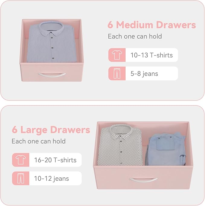 Dresser for Bedroom with 12 Drawers, Tall Dresser Chest of Drawers with 5 Side Pockets and Hooks, Wooden Top Fabric Dresser Storage Tower for Closet, Hallway, Living Room, Pink