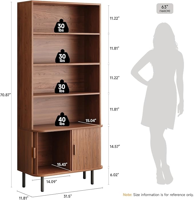 71" Tall Bookshelf, 4-Tier Bookcase with Storage Cabinet & Adjustable Storage Shelf, Freestanding Wood Bookshelf with Sliding Door and Adjustable Footpad, for Home Office, Living Room, Walnut