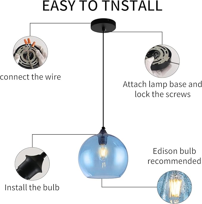 Blue Pendant Lights Kitchen Island Lighting Modern Globe Hand Blown Glass Pendant Light Ceiling Hanging Light fixtures for Kitchen Island Living Dining Room Light Fixture，9.8in 2Pack