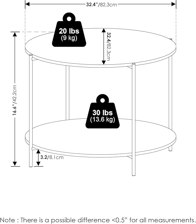 Furinno Besi 2-Tier Modern Round Coffee Table Table with Sturdy Metal Legs, Marble White/Black