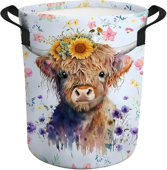 Highland Cow Laundry Basket Nursery Baby Hamper Western Room Decor Funny Tote Bag for Teen Boy Girl Gift 19.6"x15.7"