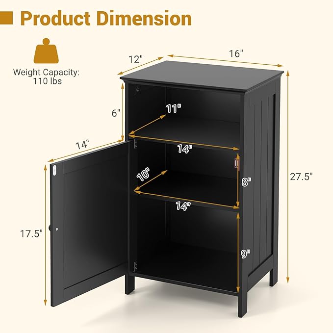Tangkula Bathroom Storage Cabinet, Freestanding Wooden Single Door Side Floor Organizer with Adjustable Shelf, Small Bathroom Cabinet for Small Spaces, Living Room (Black)