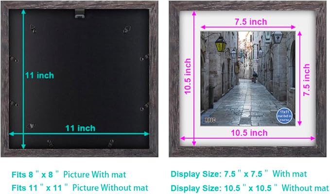 RPJC 11x11 inch Picture Frame Made of Solid Wood and High Definition Glass Display Pictures 8x8 with Mat or 11x11 Without Mat for Wall Mounting Photo Frame Driftwood Finish