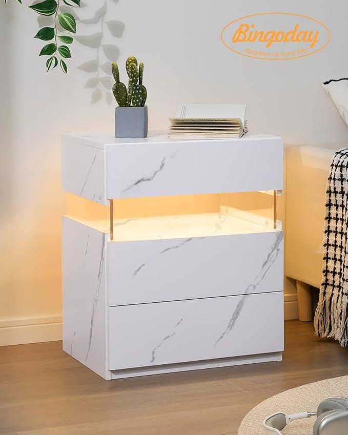 Bingoday Nightstand with LED Lights LED Bedside Tables LED Nightstand for Bedroom Modern Night Stand with 3 Drawers