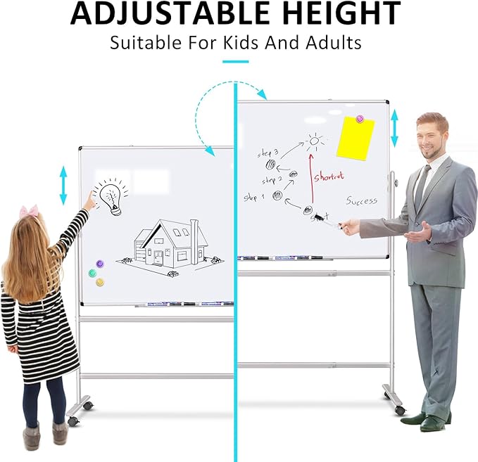 Rolling White Board 36x24 in, Dry Erase Board with Stand, Double-Sided Magnetic Mobile Whiteboard, Height-Adjustable for Office Classroom and Home
