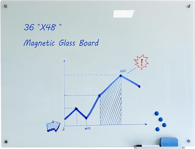 Magnetic Glass Whiteoard with Eraser 48" x 36" Frameless Tempered Glass Dry Erase Whiteboard with Marker Tray for Interactive Office, Wall Mounted Whiteboard (White)