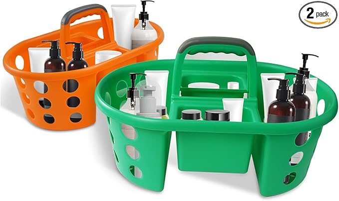 Large Shower Caddy Portable 2PC - Made in USA Plastic Jumbo Size Dorm Storage Candy Tote with Handle Shower Organizer for Bathroom, Pantry, Kitchen, College Dorm, Green/Orange