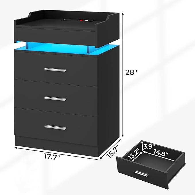 LED Nightstand Set of 2, Large Night Stand with Charging Station, Bedside Table with Pull-Out Shelf and 3 Drawers, Modern End Table Side Table with Storage, Black