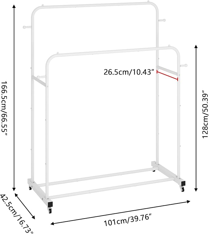 Laiensia Double Rods Garment Rack with Wheels, Clothing Rack for Hanging Clothes,4 Hooks, Multi-functional Bedroom Clothes Rack, White